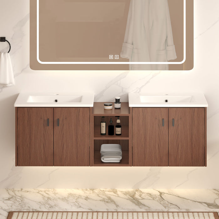 Soft Close Doors Bathroom Vanity With Small Storage Shelves, 24" And 12" Combination Cabinet - Reddish Brown