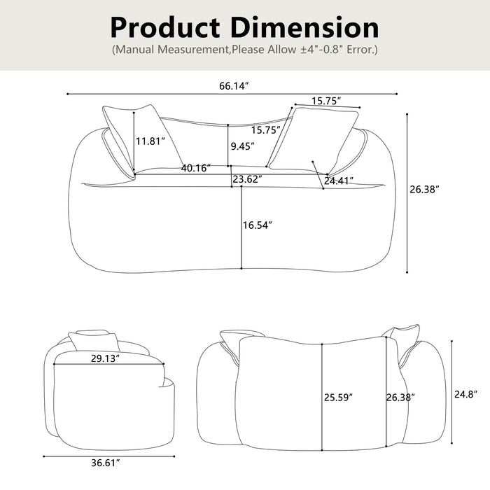 Curved 2 Person Compress Sofa With Armrests, Includes Pillows