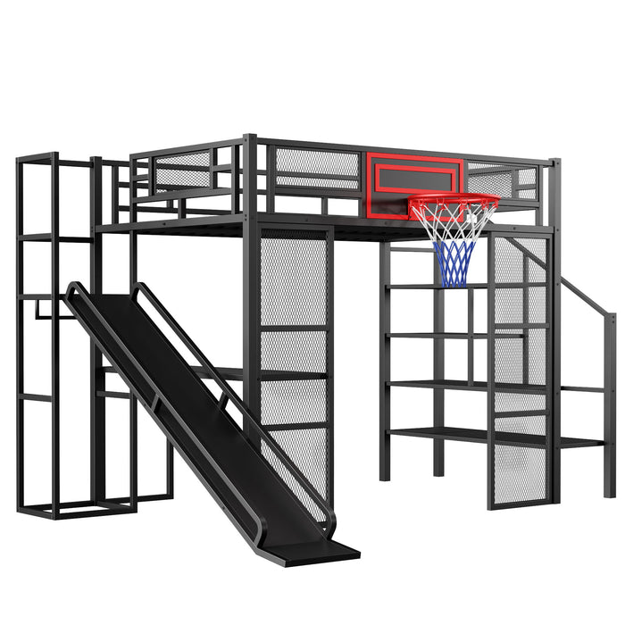 Loft Bed With Built In Desk, Open Wardrobe, Basketball Hoop, Slide And Staircase