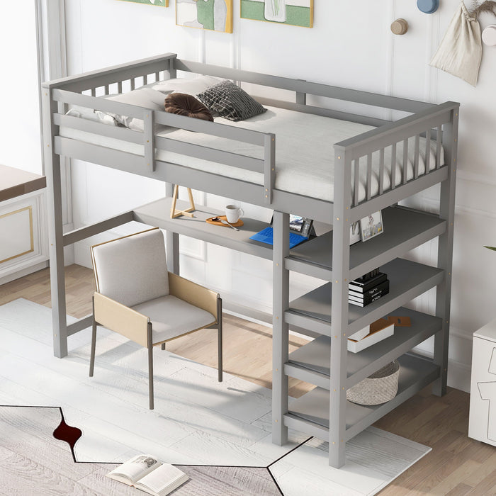 Loft Bed With Storage Shelves And Under Bed Desk