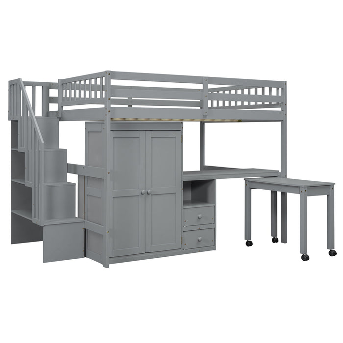 Loft Bed With Stairs, Bookshelf, Drawers, Desk & Wardrobe, Space Saving Multifunctional Furniture