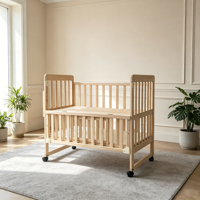 Portable Mini Baby Crib 5 In 1 Convertible With Foldable Storage - Natural Wood