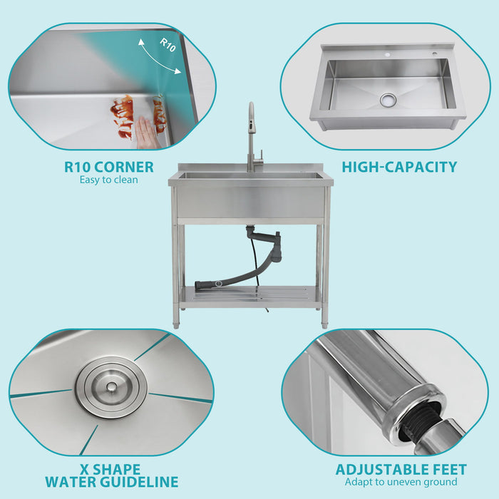 Stainless Steel Freestanding Utility Sink With Pull Out Faucet, Large Single Bowl - Brushed Nickel