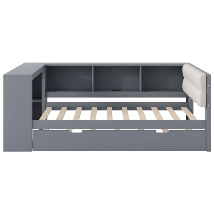 Upholstered Headboard Platform Bed With Storage Shelves, Trundle, Charging Station