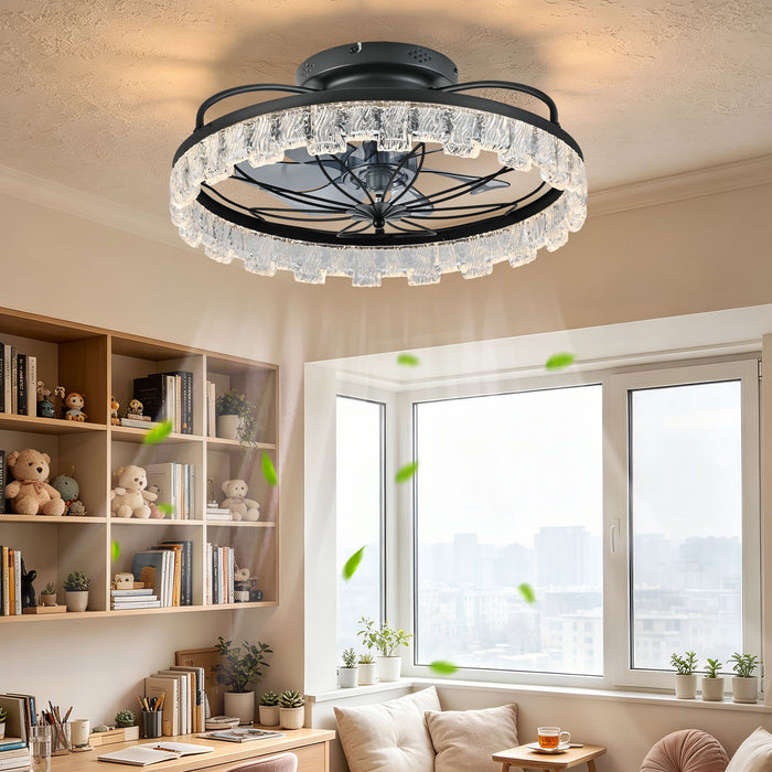 Ceiling Fan With Light, Flower Caged Ceiling Fan With Remote, LED Low Profile Ceiling Light - Matte Black
