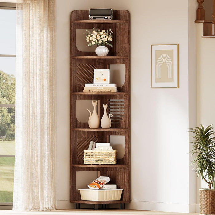 6 Tier Narrow Corner Bookshelf Storage For Living Room - Brown
