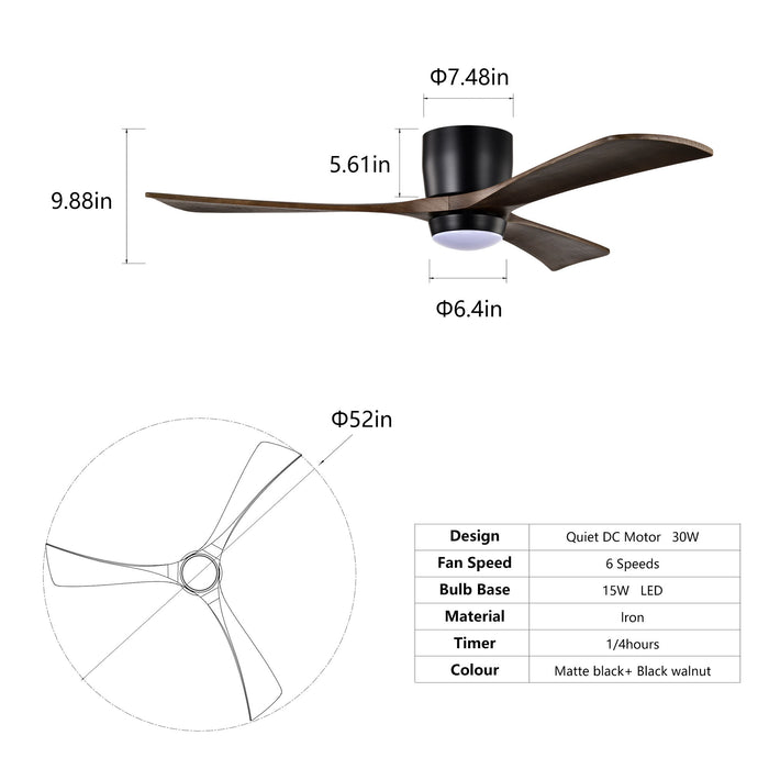 Flush Mount Blades Ceiling Fan With Lights Remote Control, Quiet DC Motor, 6 Speed, Reversible Ceiling Fan For Living Room - Matte Black