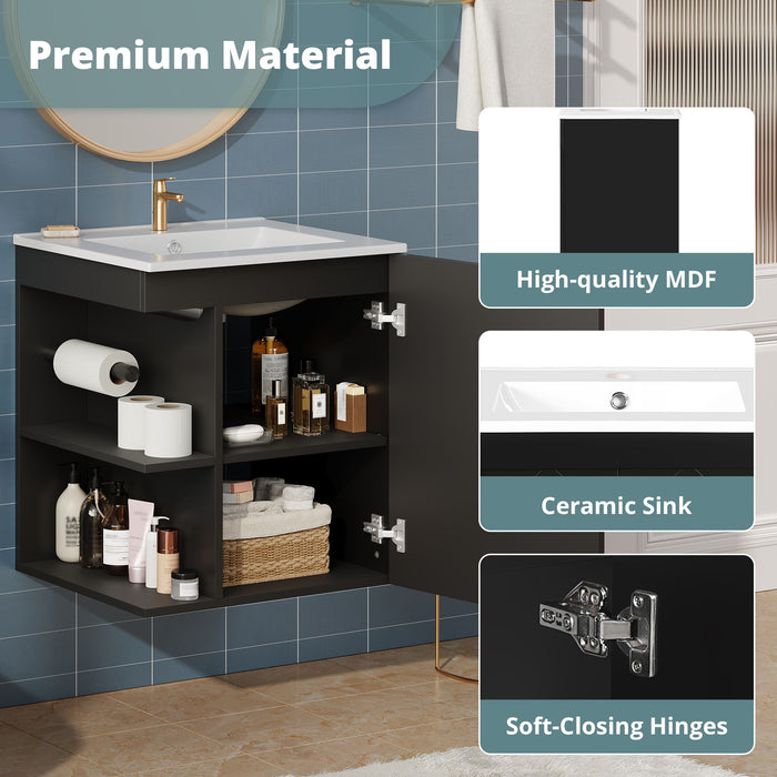 Modern Wall Mounted Bathroom Cabinet With Side Shelf And Ceramic Sink