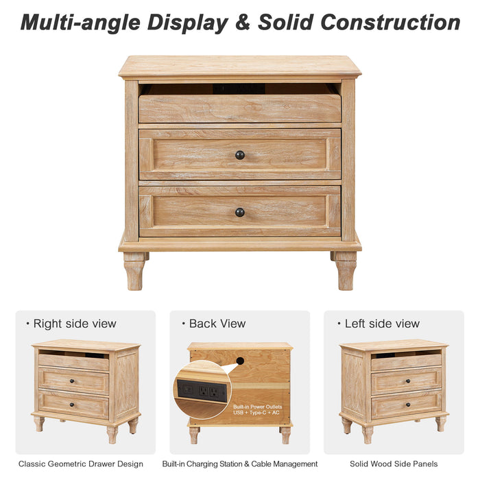 Nightstand With Charging Station, 3 Drawer Storage Table