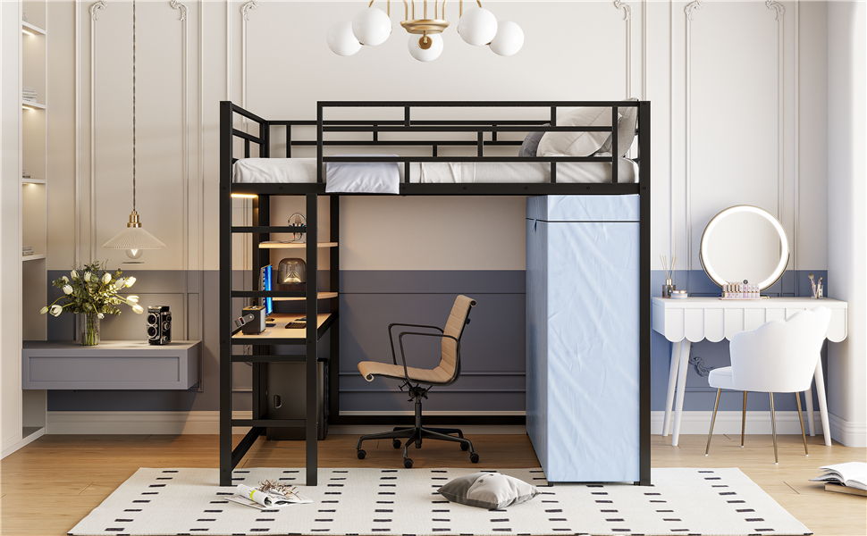 Loft Bed With Desk, Shelves, Power Outlet, LED Light And Wardrobe