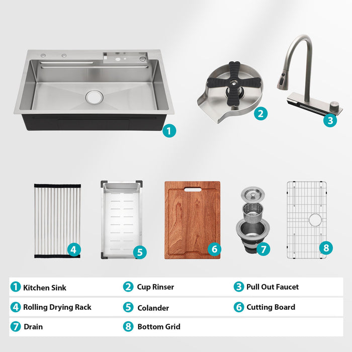 33" Stainless Steel Single Bowl Kitchen Sink With Waterfall Flow