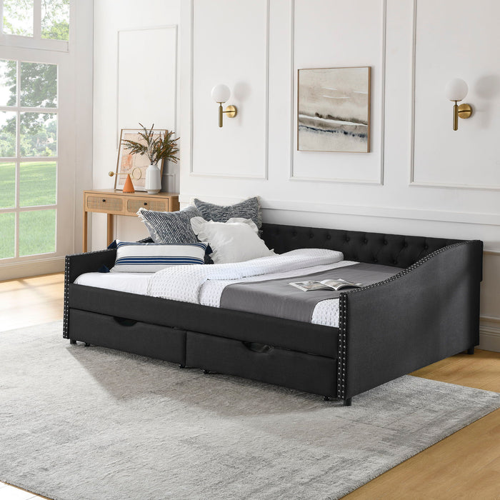 Upholstered Tufted Daybed With 2 Drawers, Waved Arms