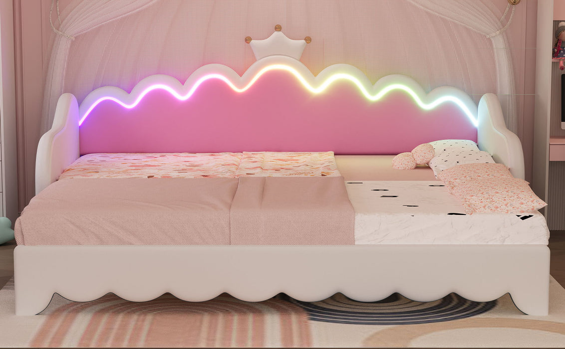Extending Daybed With LED Lights, Modern Upholstered Princess Daybed With Crown Headboard