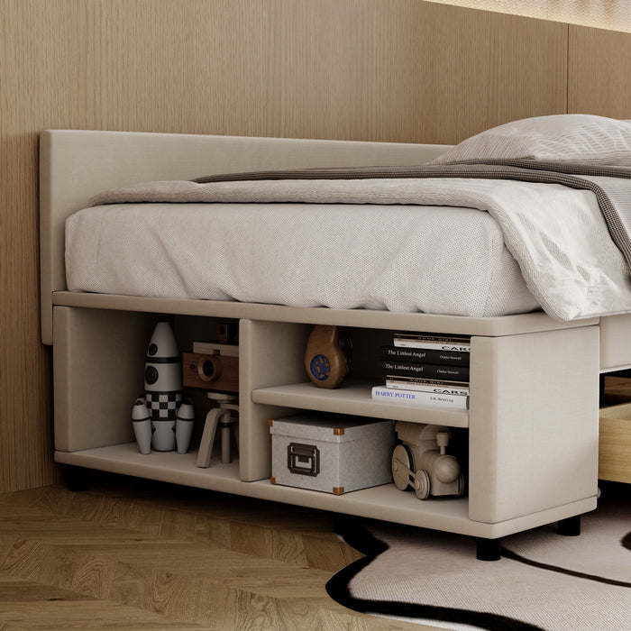 L Shaped Upholstered Platform Bed With Storage And Drawers