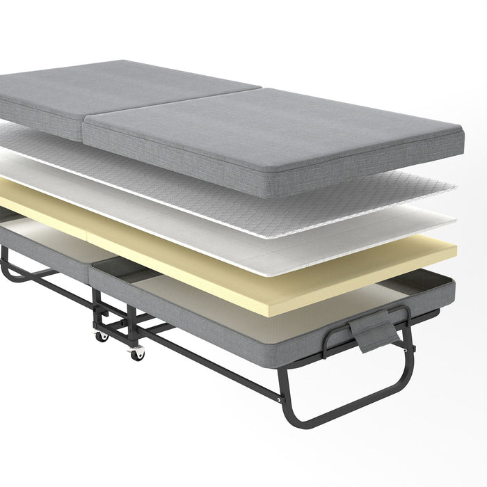 Twin Folding Bed With Memory Foam Mattress, 4 Lockable Wheels - Gray