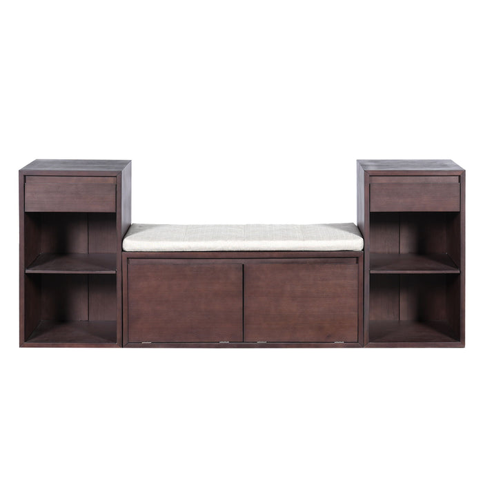 Entryway Storage Bench With Cushion, Drawers & Open Shelves