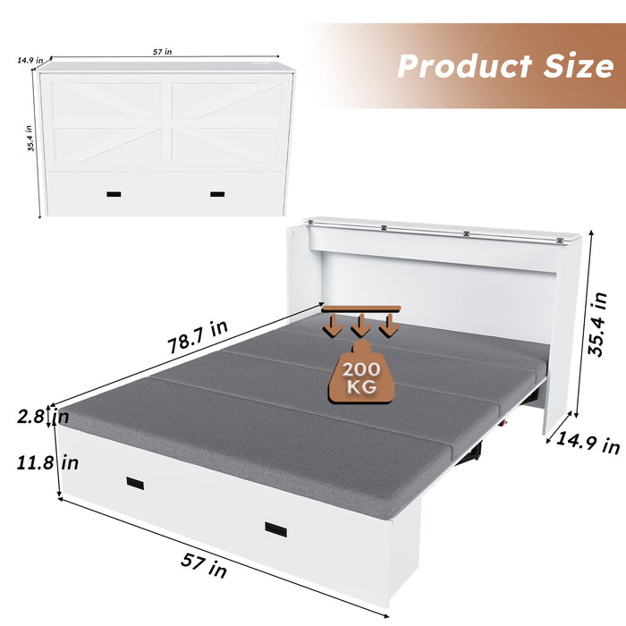 Murphy Bed With Storage Drawers And Charging Cabinet, Foldable Panels, Swivel Wheels