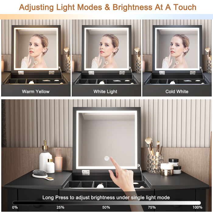 Vanity Table With LED Lights, Flip-Top Mirror And 2 Drawers, Jewelry Storage