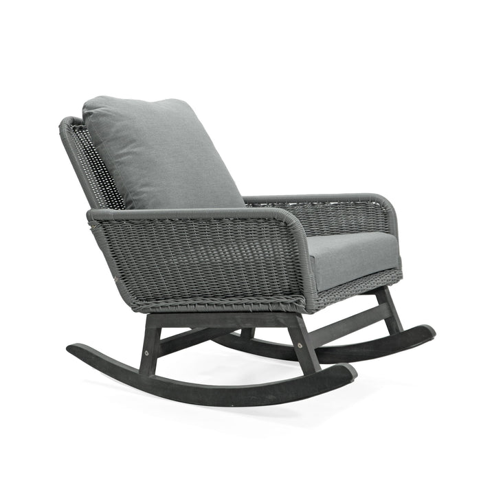 Modern 3 Piece Outdoor Seating Set With Cushioned Rattan Rocking Chairs And Wooden Accent Table