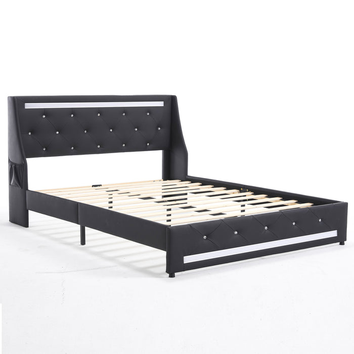Wingback Upholstered Bed Frame With LED Lights, Charging Station