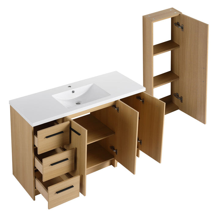 Freestanding Bathroom Vanity Set With Tall Side Cabinet, 3 Drawers And 3 Door Cabinet, Integrated Sink, Large Storage - Glossy White / Light Oak