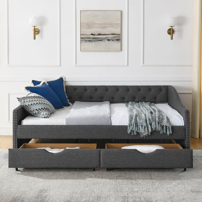 Upholstered Tufted Daybed With Drawers, Waved Arms