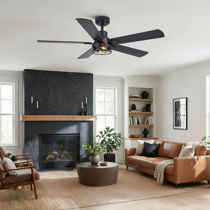 Ceiling Fan With Light, Dual‑Sided Matte Black & Wood Grain Blades - Black