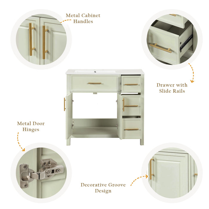 36" Bathroom Vanity With Sink, 2 Doors, 3 Drawers, Rectangular - White
