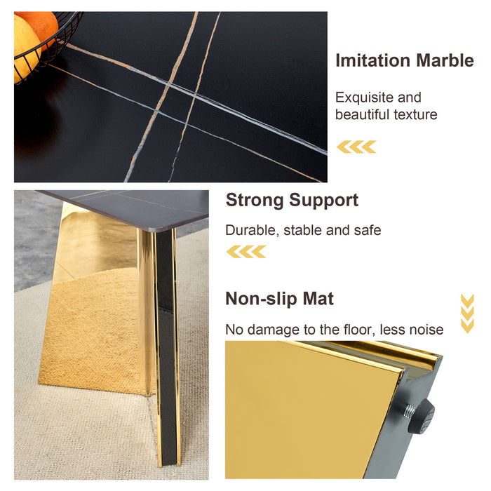 Patterned Slab Dining Table With Golden Stainless Steel Butterfly Legs - Black / Gold