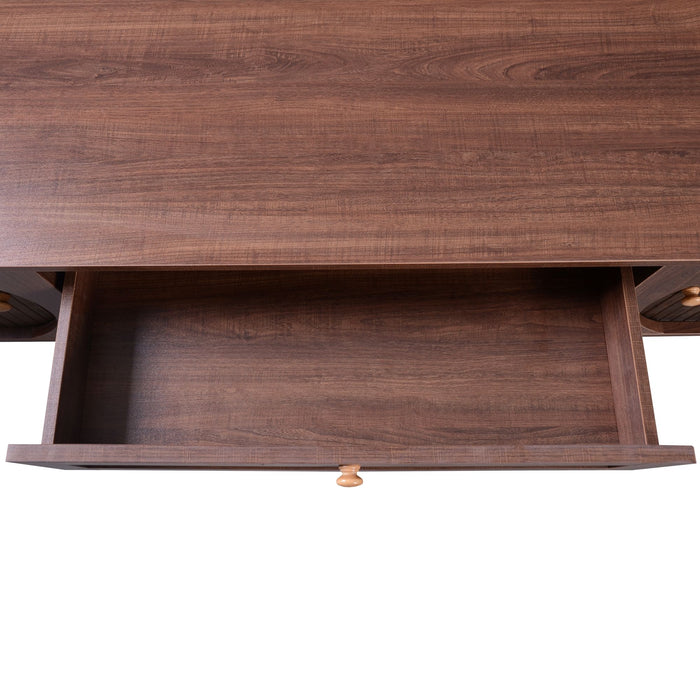 TV Stand For TVs Up To 75'', Cabinet With Drawers And Sliding Doors, Living Room Entertainment Console - Natural Wood / Brown