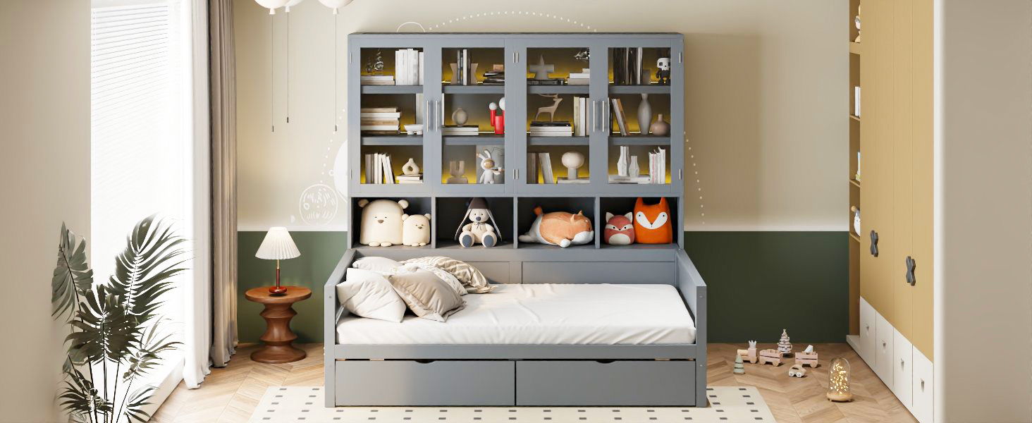 Daybed With Glass Door Storage Cabinets, Built In LED Lighting And Shelves