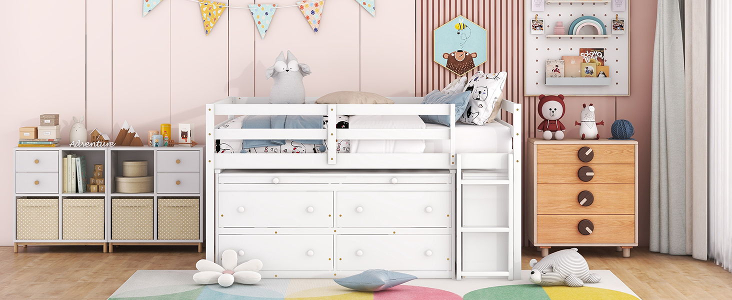 Loft Bed With Retractable Writing Desk And 4 Drawers, With Lateral Portable Desk And Shelves