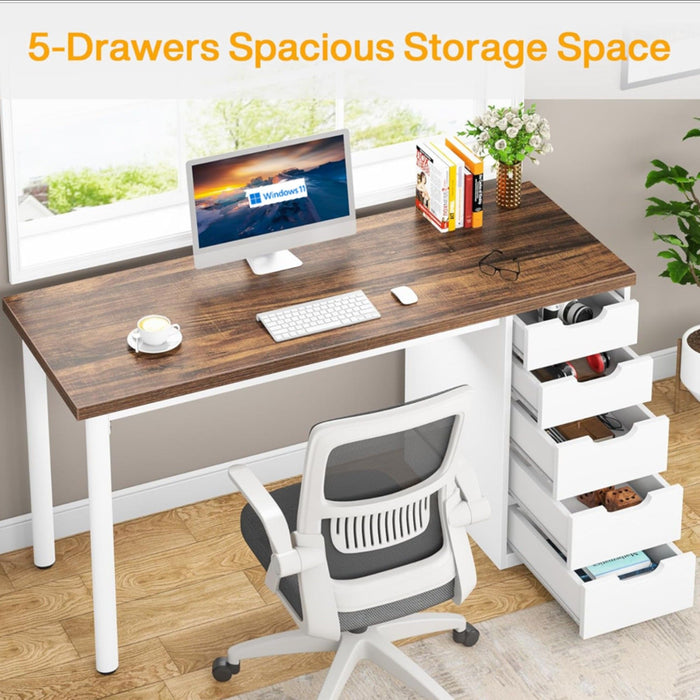 Computer Desk With 5 Drawers, Reversible Cabinet Design