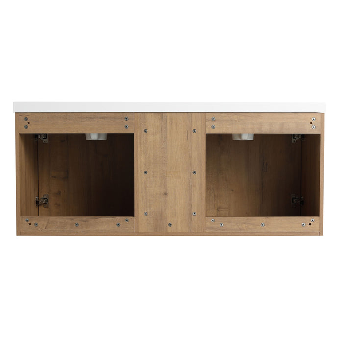 48" Wall Mounted Bathroom Vanity With Double Resin Sink And Storage Rack Soft Close Doors Plywood Construction - Imitative Oak
