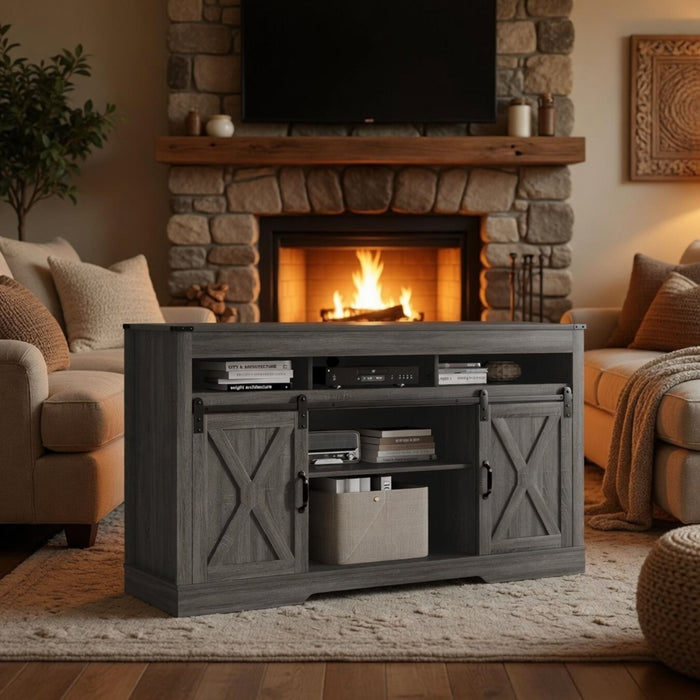 Farmhouse TV Stand With Sliding Barn Doors & Adjustable Storage