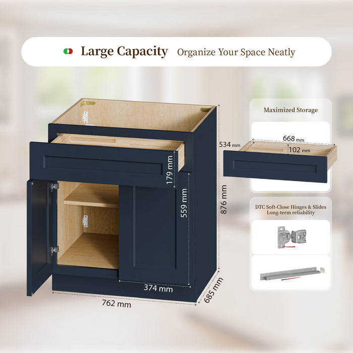 Shaker Base Cabinet With Soft Close Doors And Drawer, Storage Unit With Adjustable Shelf For Bath - Blue