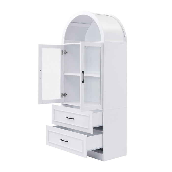 Arched Top Storage Cabinet With Fixed 2 Tier Shelves, 2 Large Drawers