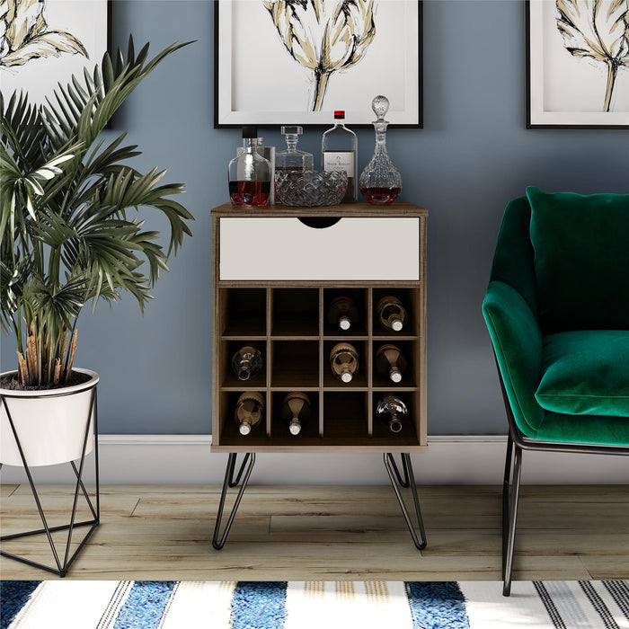 Beverage Storage Stand With 12 Bottle Cubbies And Drawer - Brown Oak