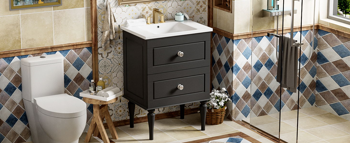 Bathroom Vanity Cabinet With Ceramic Sink Combo Set, Frame Modern Bathroom Storage Cabinet With 2 Drawers - Black