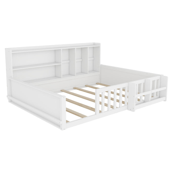 Platform Bed Frame With Guardrail, Storage Shelves & Bookshelf