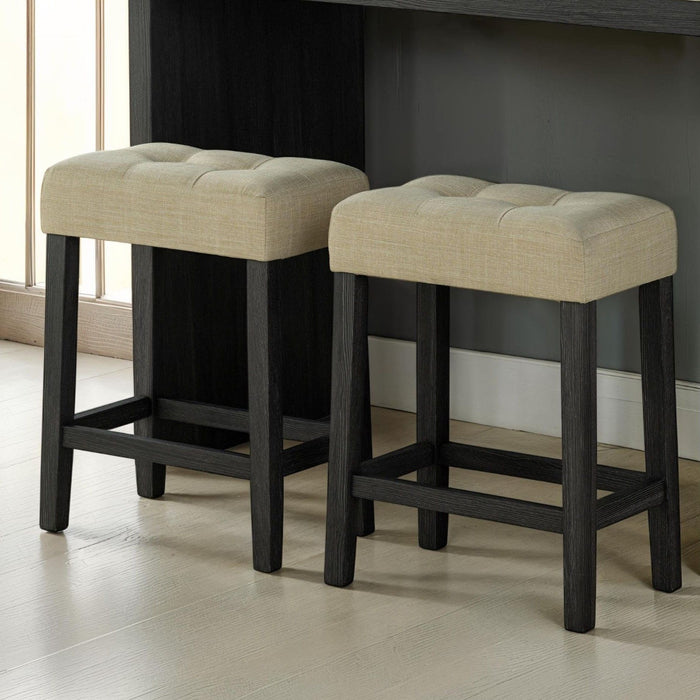Dining Table Set With Biscuit Tufted Stools - Beige / Black / Gray