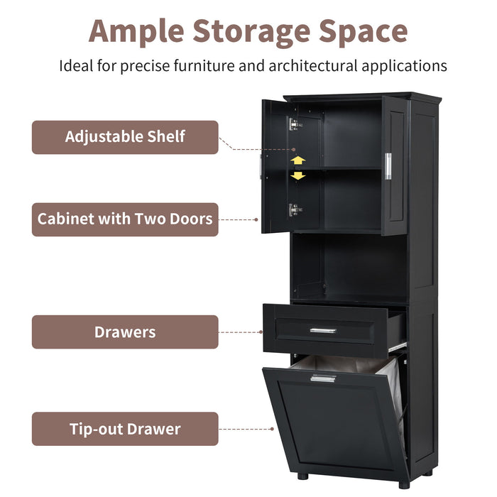 Tall Bathroom Cabinet With Tilt-Out Laundry Basket And Upper Storage