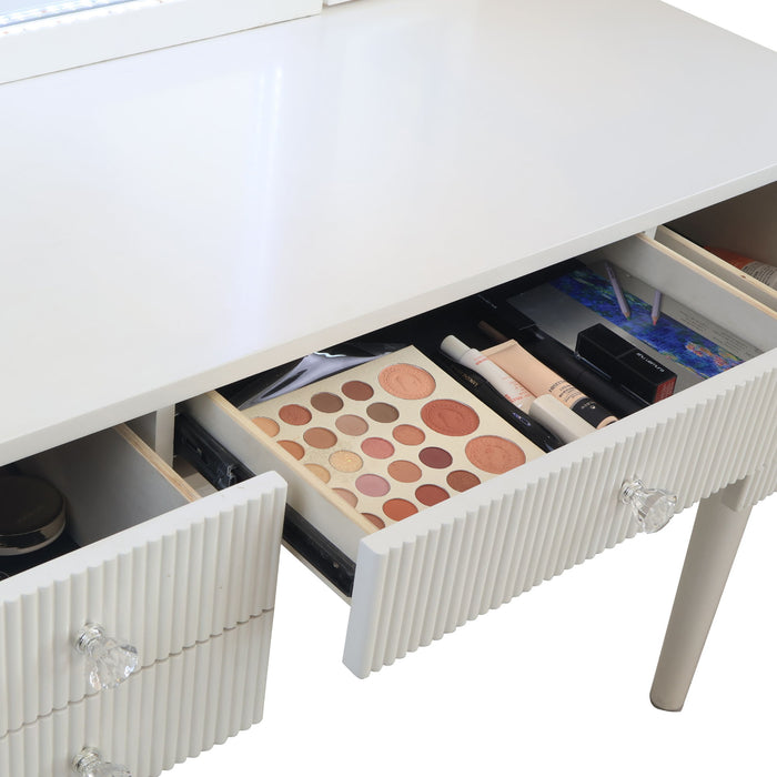 Mirrored Makeup Vanity Table Set With Adjustable Lighting And Storage