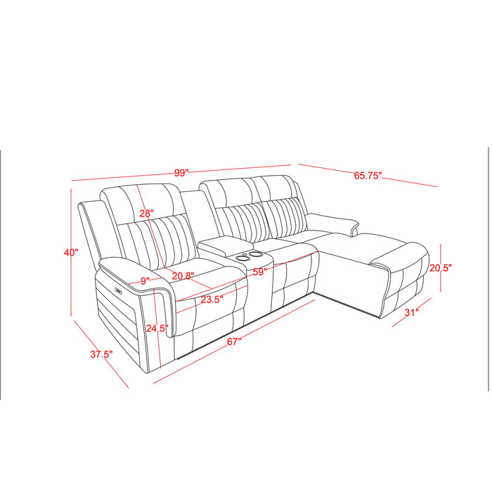 Ian - Power Reclining Chaise With LED Lighting, Pushback Design - Gray