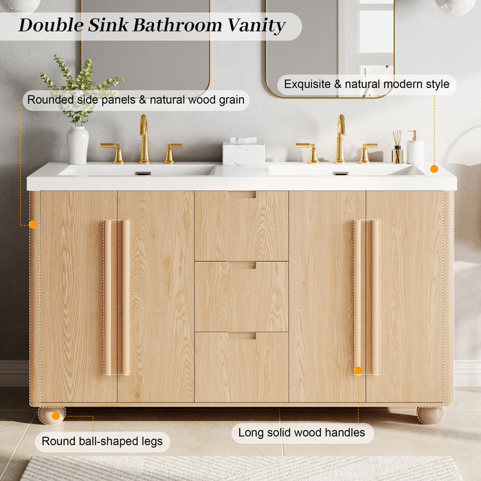 Double Sink Bathroom Vanity With Sinks, Soft Close Doors & 3 Drawers - Wood