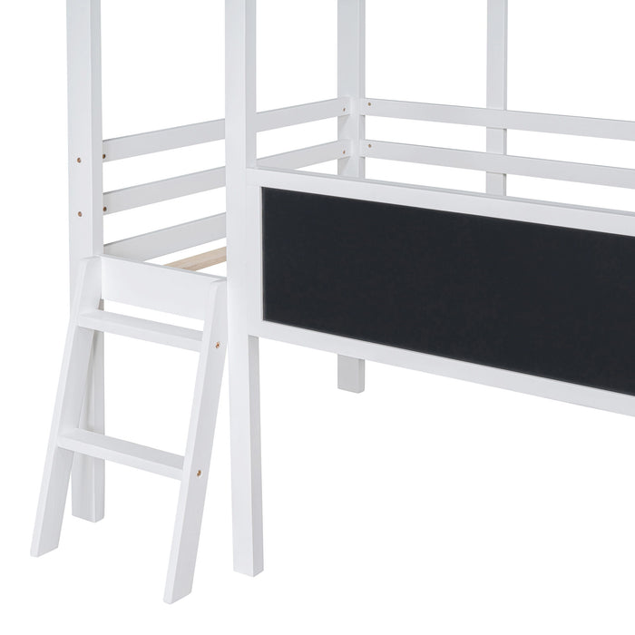 Loft House Bed With Ladder And Slide, With Blackboard And Light Strip On The Roof
