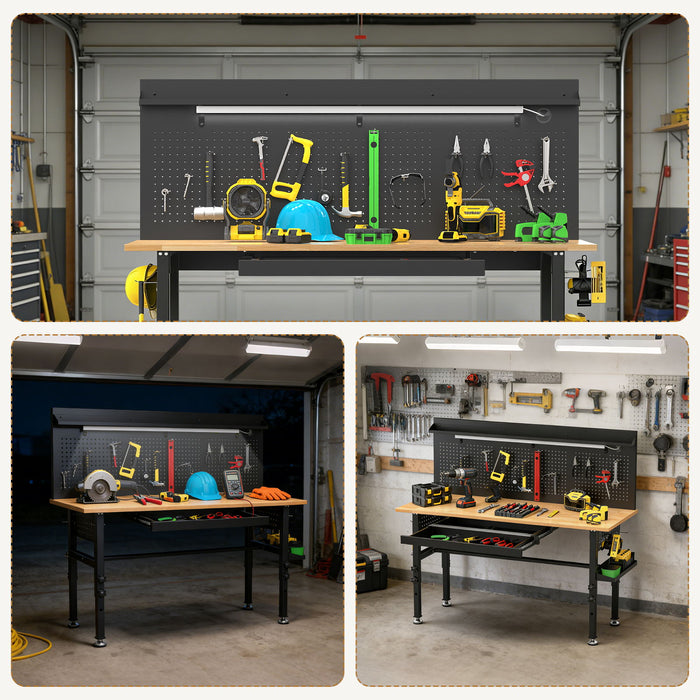 Adjustable Height Workbench, Includes Drawers, Power Outlet, LED Light, Wheels Or Leveling Feet - Black
