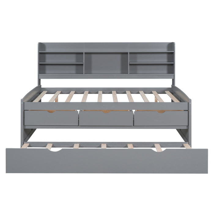 Captain Bed With Built In Bookshelves, 3 Storage Drawers, And Trundle