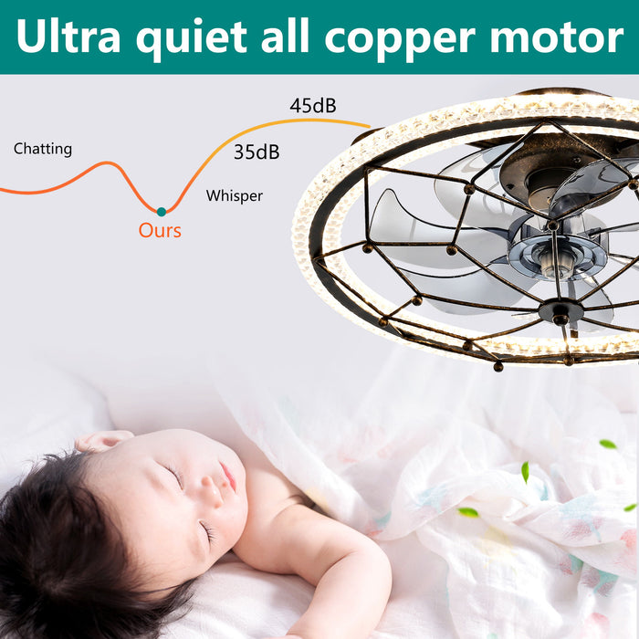 Caged Ceiling Fan With Remote Control Lights, 6 Speeds, 3 Color Temperature LED - Antique Black