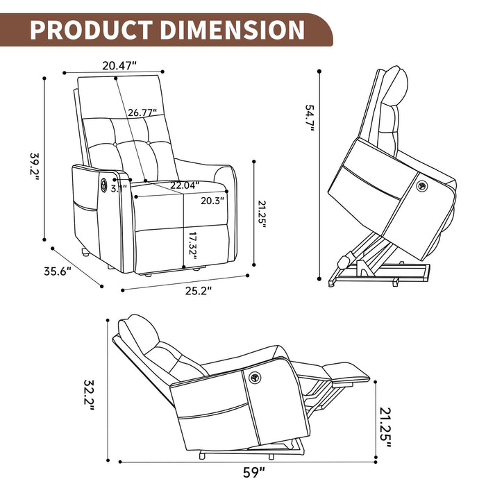 Single Motor Power Lift Recliner Chair With Massage And Heat, USB For Charging - Brown